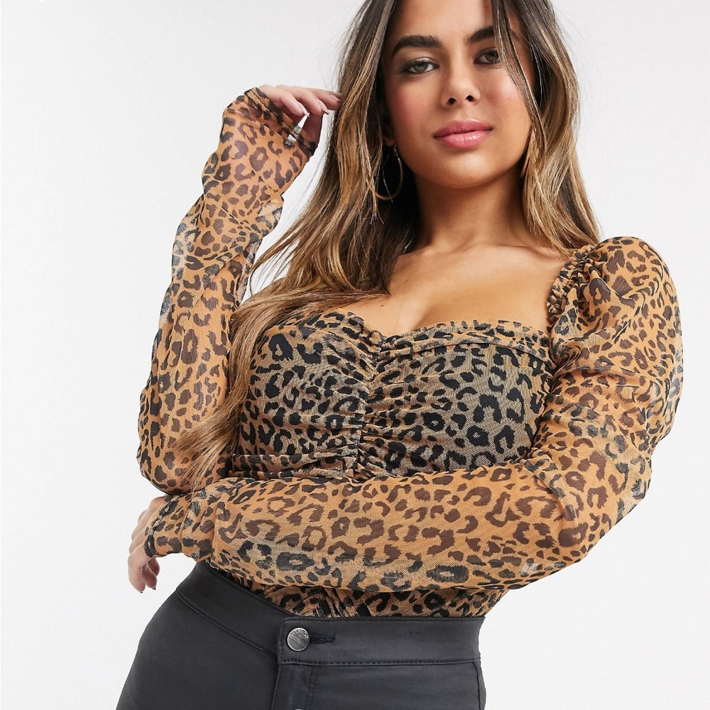 Missguided Ruched Mesh Long Sleeves Leopard Top